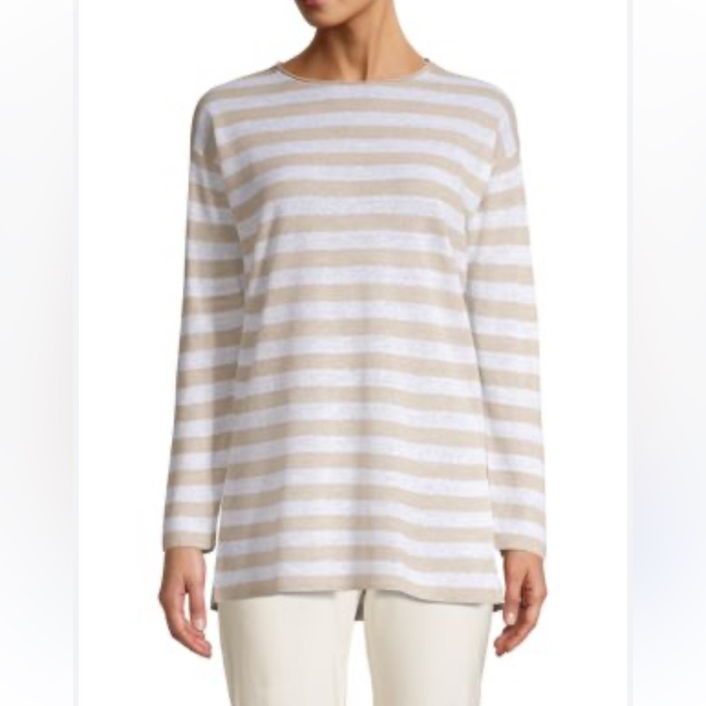 Eileen Fisher Striped Lightweight Knit Organic Linen Cotton Long Sleeve Shirt